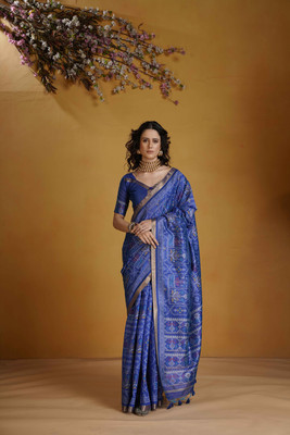 ZILVIRA Printed, Geometric Print, Floral Print, Woven Patola Cotton Silk Saree(Blue)