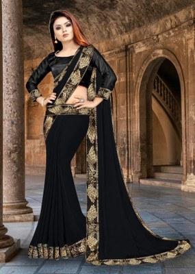 Anugrah Textile Solid/Plain Banarasi Lycra Blend, Chiffon Saree(Black)