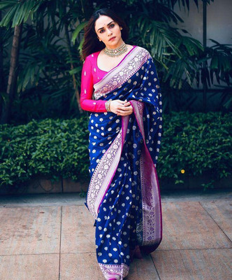 Shoponbit Self Design Banarasi Pure Silk Saree(Dark Blue)