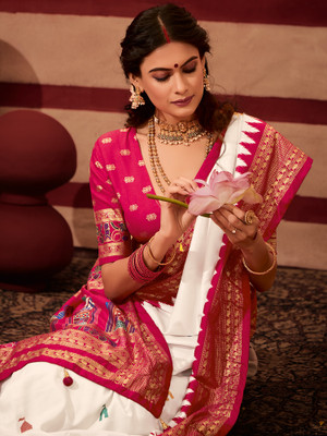 Tasrika Printed Chanderi Tussar Silk Saree(White)