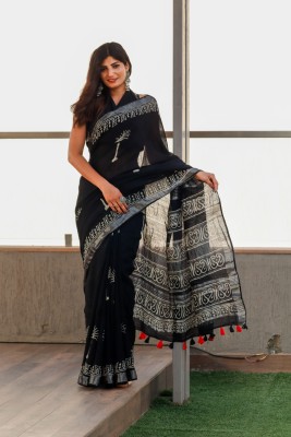 Pallo Latke Printed Handloom Cotton Linen Saree(Black)