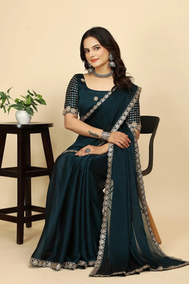 SHIV FASHION Embroidered, Solid/Plain Bollywood Chiffon Saree(Dark Blue)