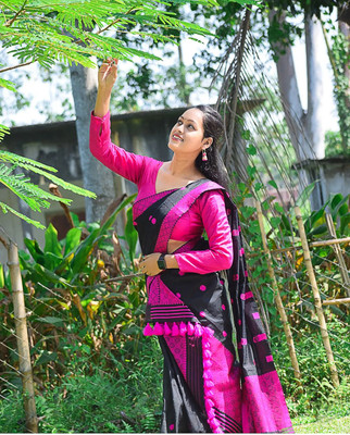 YASA CREATION Woven Mekhela Chador Cotton Silk Saree(Black)