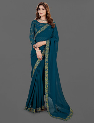 Vivan Fab Embroidered Bollywood Georgette, Silk Blend Saree(Multicolor)