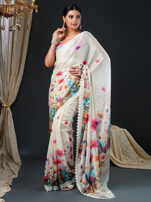 ANOUK Digital Print Bollywood Georgette Saree(White)