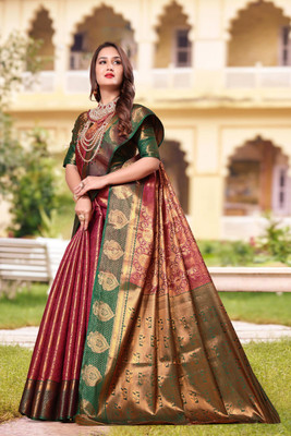 LAVYANSH CREATION Woven, Self Design Banarasi Silk Blend, Jacquard Saree(Red)