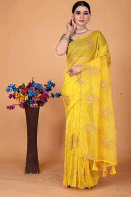 ShivGori Embroidered Bollywood Organza Saree(Yellow)
