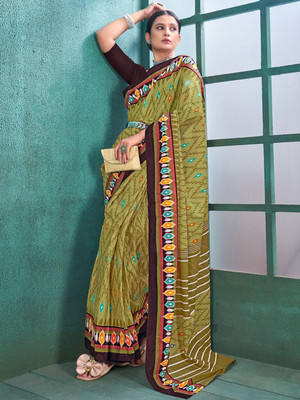 Anouk Rustic Printed Ikkat Cotton Blend Saree(Light Green)