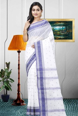 DipDiya Solid/Plain, Woven Tant Pure Cotton Saree(Blue, White)