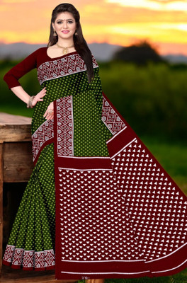 Ethnicsarees Printed Sambalpuri Pure Cotton Saree(Green)