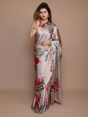 ANOUK Printed Saree with Attached Blouse Satin Saree(Grey)