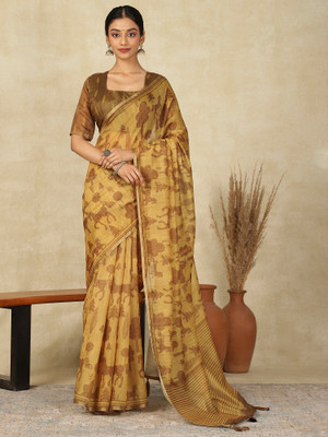 Sareemall Printed Hand Batik Cotton Linen Saree(Brown)