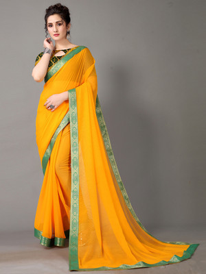 Rati Sarees LLP Solid/Plain Daily Wear Chiffon Saree(Yellow)