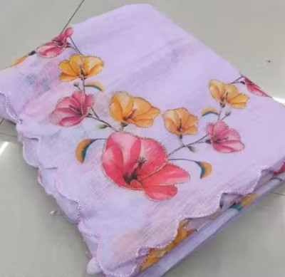 Sarthi Fashion Floral Print, Printed Kantha Cotton Linen Saree(Purple)