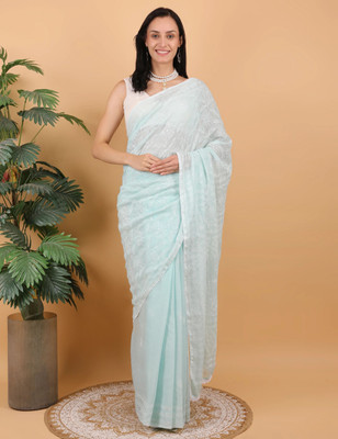 SHWET Embroidered Lucknow Chikankari Cotton Blend Saree(Blue)