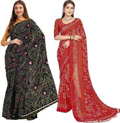 Dori Geometric Print Daily Wear Georgette Saree(Pack of 2, Black, Red)