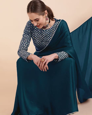 QUEDDY'S Solid/Plain Bollywood Silk Blend Saree(Dark Blue)
