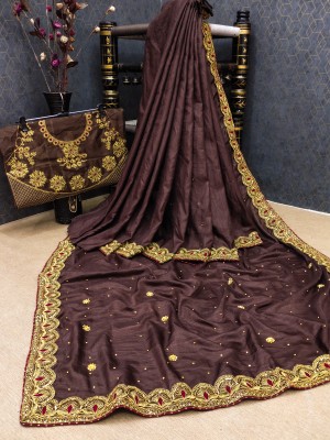 Vraj Textile Embroidered Chinnalapattu Pure Silk Saree(Brown)