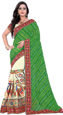 Arriva Fab Printed Bandhani Georgette Saree(Green, Beige)