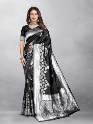 Hinayat Fashion Woven Kanjivaram Pure Silk, Art Silk Saree(Black)