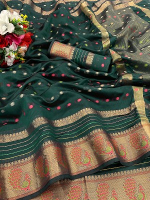 DURGA TEXTILE Printed, Self Design, Embellished, Woven, Animal Print, Blocked Printed Daily Wear Jacquard, Organza Saree(Dark Green, White)