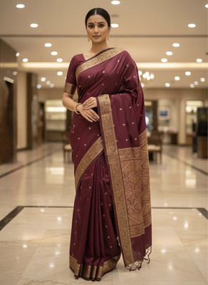 srirohinisilks Woven, Self Design, Temple Border, Geometric Print Kanjivaram Silk Blend Saree(Maroon)
