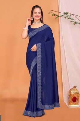 patu plus Solid/Plain, Self Design, Dyed, Embellished Bollywood Georgette Saree(Blue)