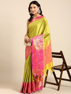 VILLAGIUS Color Block Hand Batik Pure Cotton Saree(Light Green)