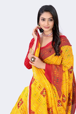 HARIOM FASHION Printed Ikkat Georgette Saree(Yellow)