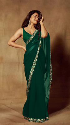 Herink Fashion Solid/Plain Bollywood Georgette Saree(Green)