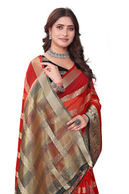 Aarunika BS Self Design Bollywood Organza Saree(Red)
