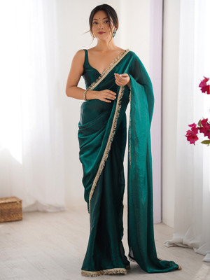Divastri Solid/Plain Bollywood Satin Saree(Green)