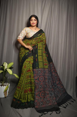 Joyguru Textile Printed Sambalpuri Cotton Blend Saree(Dark Green)