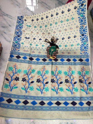 SAHA TEXTILE Floral Print, Printed, Geometric Print Jamdani Cotton Blend Saree(White)