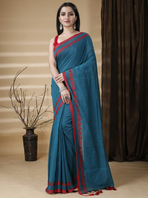 DipDiya Solid/Plain Handloom Cotton Blend Saree(Black)