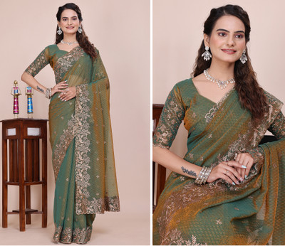 K 5 FASHION Embroidered, Embellished Bollywood Tissue Saree(Green)