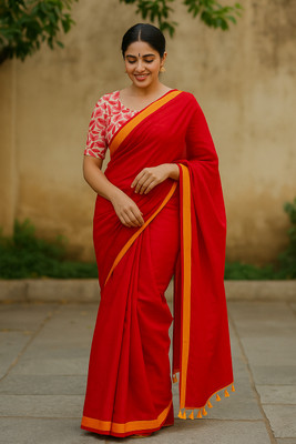 SMRITI BOUTIQUE Solid/Plain Handloom Handloom Pure Cotton Saree(Red)