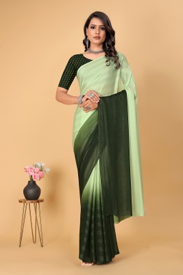 Pionex Blocked Printed, Color Block, Embellished, Polka Print, Striped Bhagalpuri Chiffon Saree(Green)