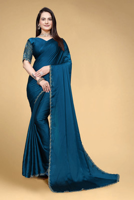 saanvi Solid/Plain, Self Design Bollywood Silk Blend Saree(Blue)
