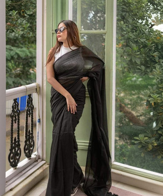 JHILUU Solid/Plain Handloom Cotton Blend Saree(Black)