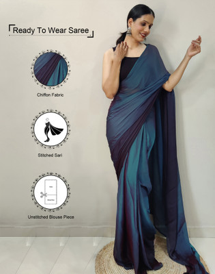 Satrani Dyed, Ombre, Striped Bollywood Chiffon, Georgette Saree(Blue)