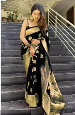 Suntex Woven Kanjivaram Pure Silk Saree(Black)