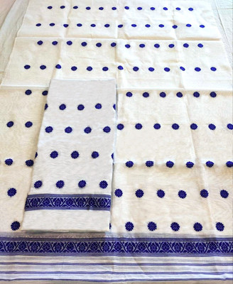 AREEVANZ Self Design Mekhela Chador Cotton Blend Saree(White)