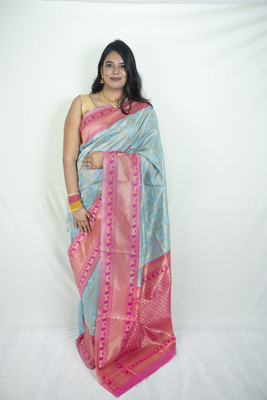 SnehaFashion Creation Printed Banarasi Silk Blend Saree(Blue, Pink)