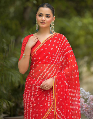 Samah Printed Bandhani Georgette, Chiffon Saree(Red)