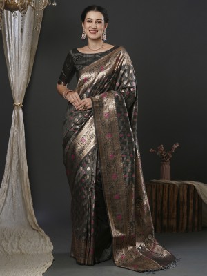 Sareemall Woven Banarasi Silk Blend Saree(Grey)