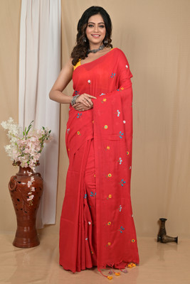 Aanchal Self Design Handloom Pure Cotton Saree(Orange)