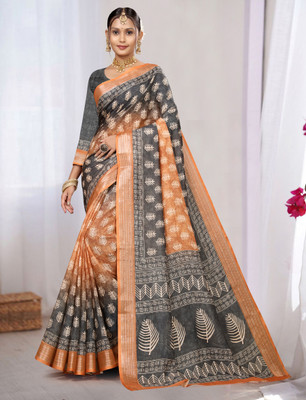 Gajal Printed Kanjivaram Pure Cotton, Cotton Linen Saree(Mustard, Black)