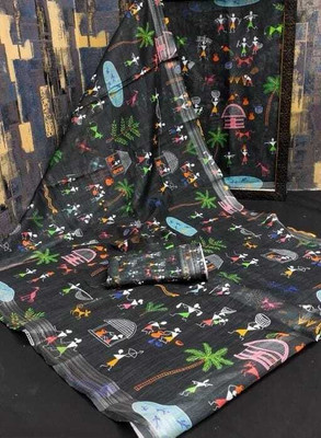 TOPPA Printed Banarasi Cotton Linen Saree(Multicolor)