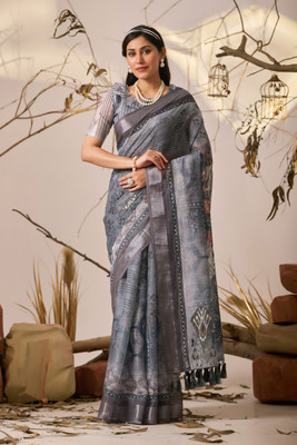 Neel Fashion Printed Bollywood Linen, Cotton Blend Saree(Grey)